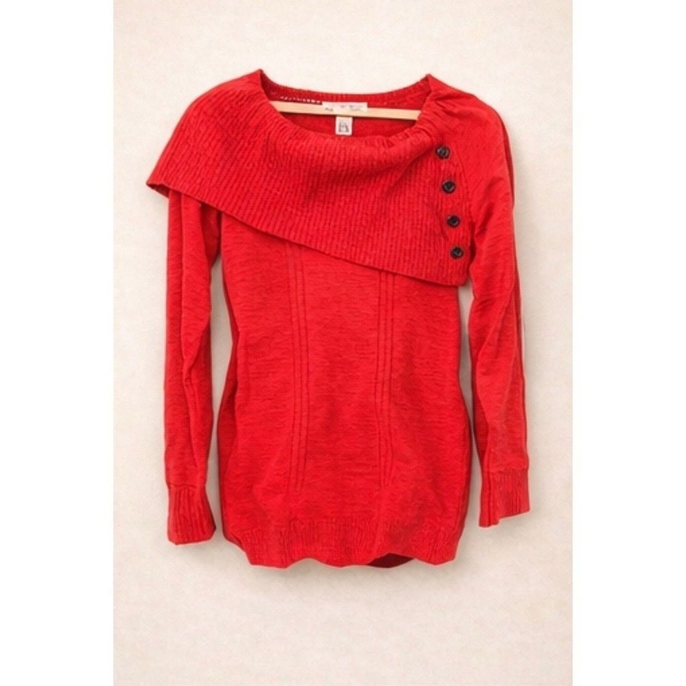 Caché Knit Sweater Women S Red Asymmetrical Button Cowl Neck Wool Blend